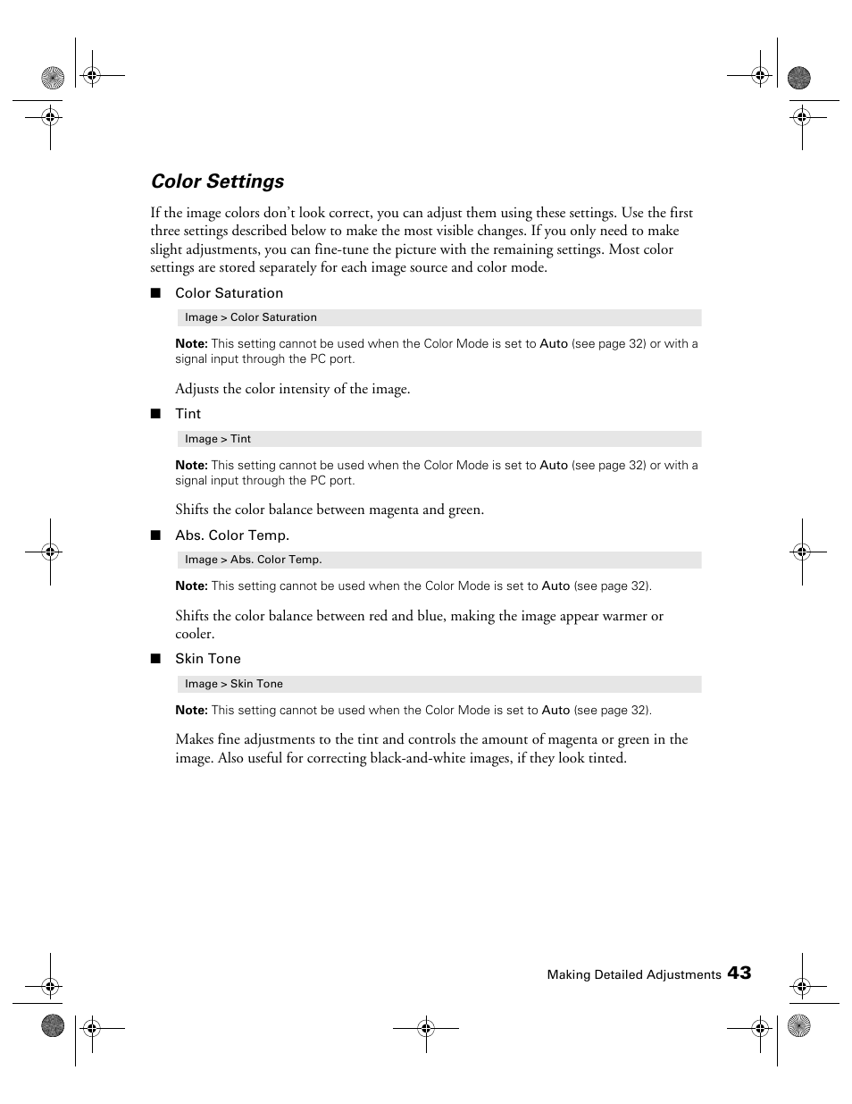 Color settings | Epson 3010E User Manual | Page 43 / 88