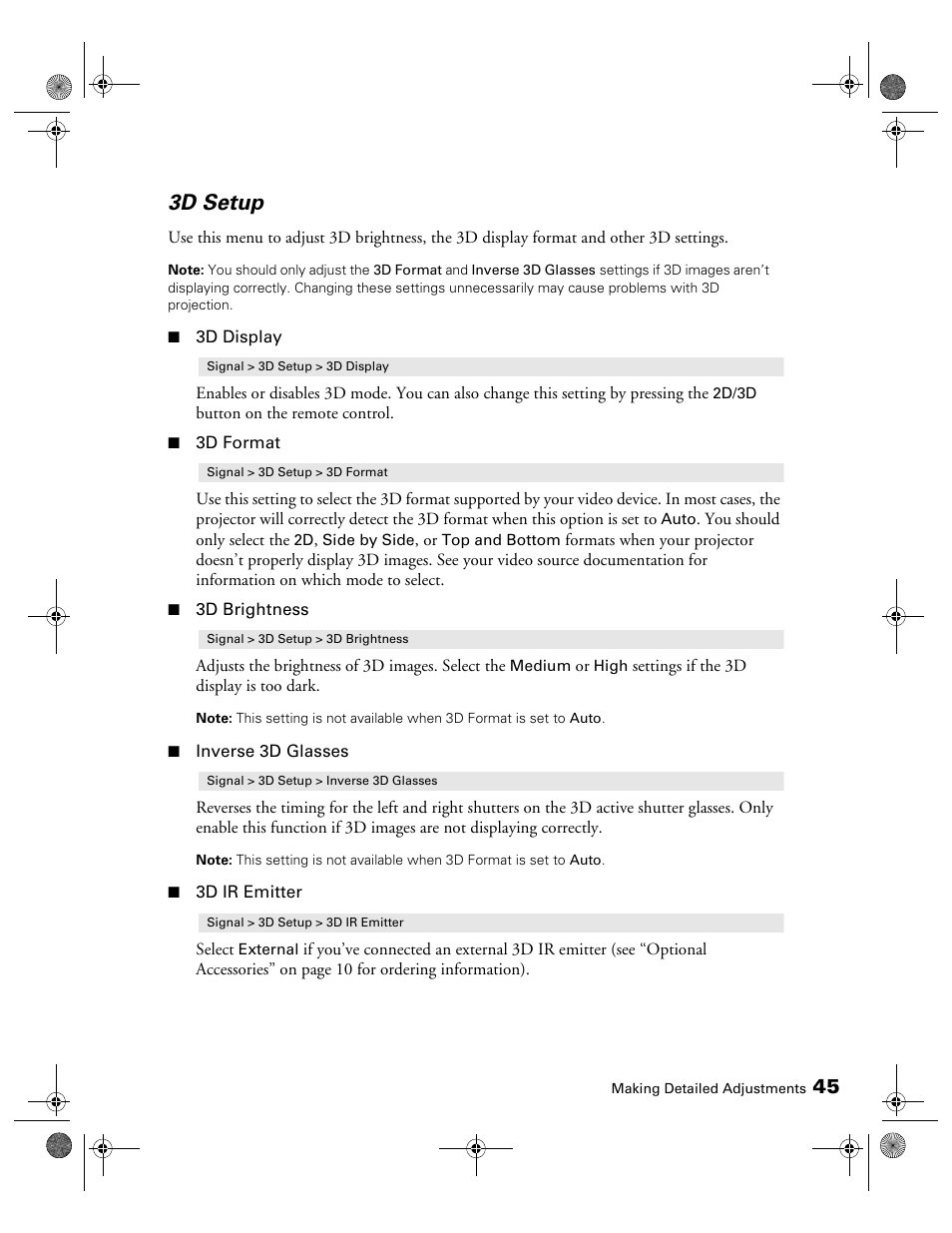 3d setup | Epson 3010E User Manual | Page 45 / 88