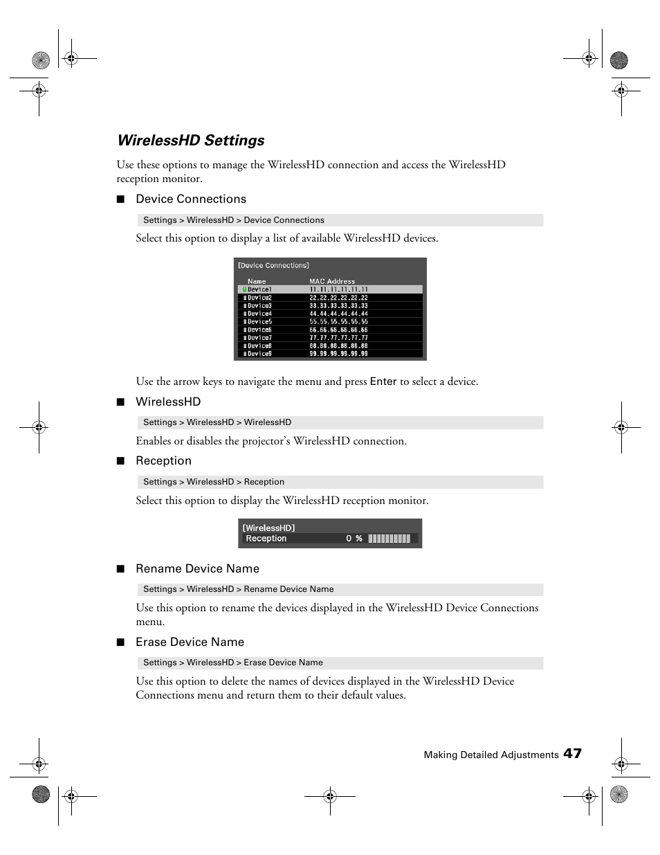 Wirelesshd settings | Epson 3010E User Manual | Page 47 / 88