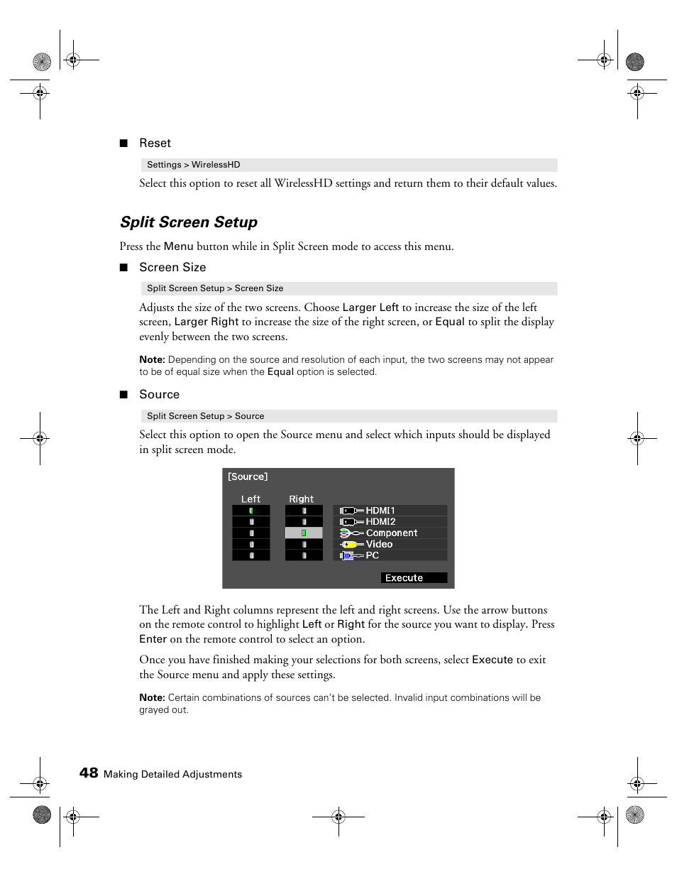 Split screen setup | Epson 3010E User Manual | Page 48 / 88