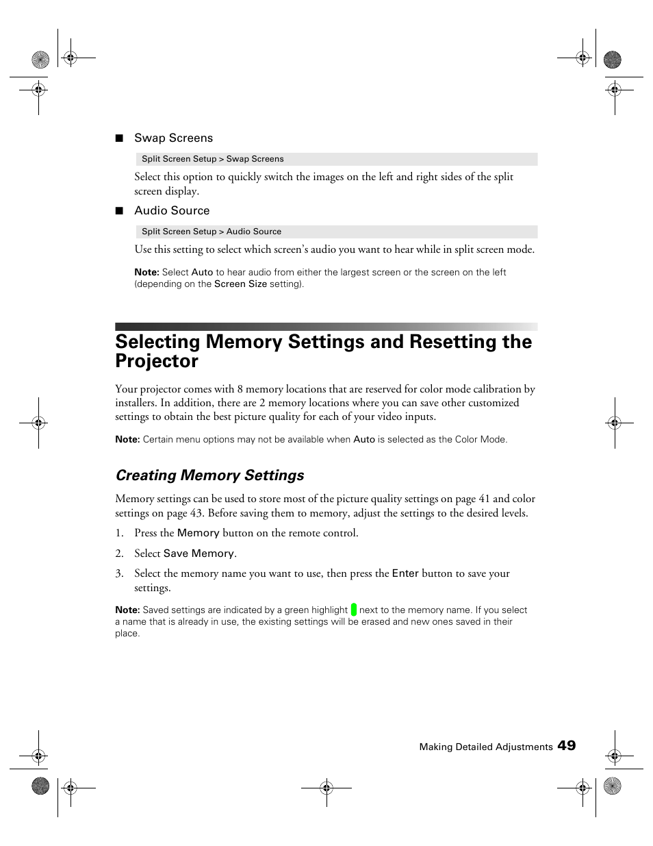 Creating memory settings | Epson 3010E User Manual | Page 49 / 88