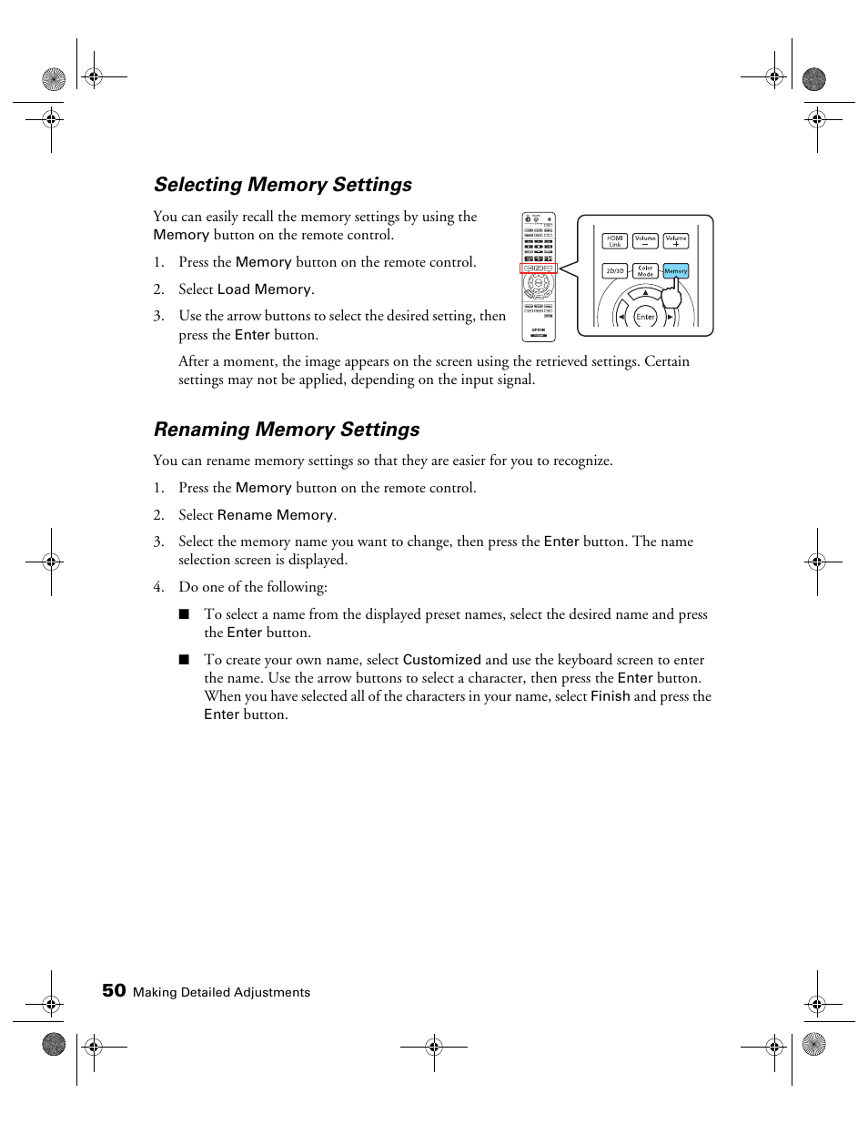 Selecting memory settings, Renaming memory settings | Epson 3010E User Manual | Page 50 / 88