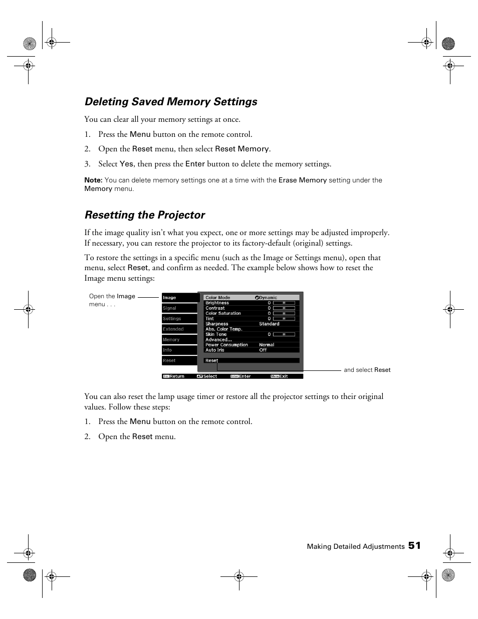 Deleting saved memory settings, Resetting the projector | Epson 3010E User Manual | Page 51 / 88