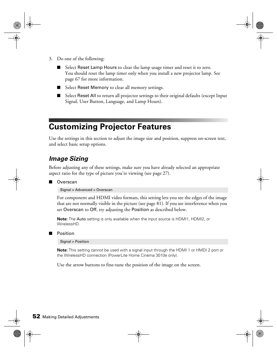 Customizing projector features, Image sizing | Epson 3010E User Manual | Page 52 / 88