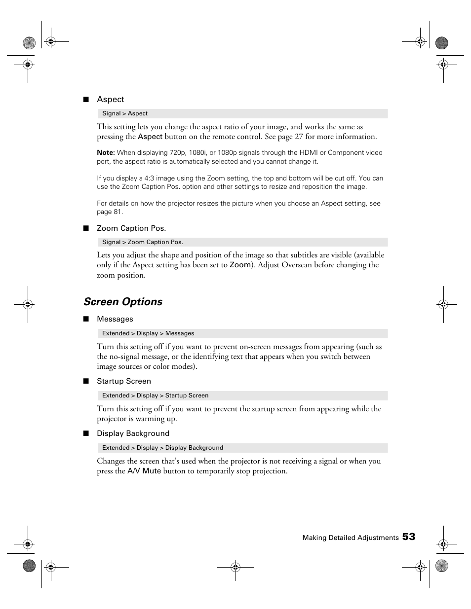 Screen options | Epson 3010E User Manual | Page 53 / 88