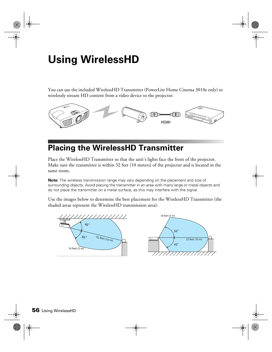 Using wirelesshd, Placing the wirelesshd transmitter | Epson 3010E User Manual | Page 56 / 88