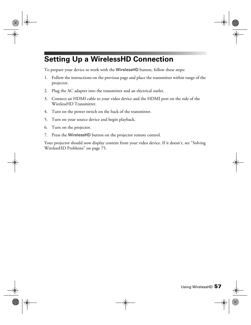 Setting up a wirelesshd connection | Epson 3010E User Manual | Page 57 / 88