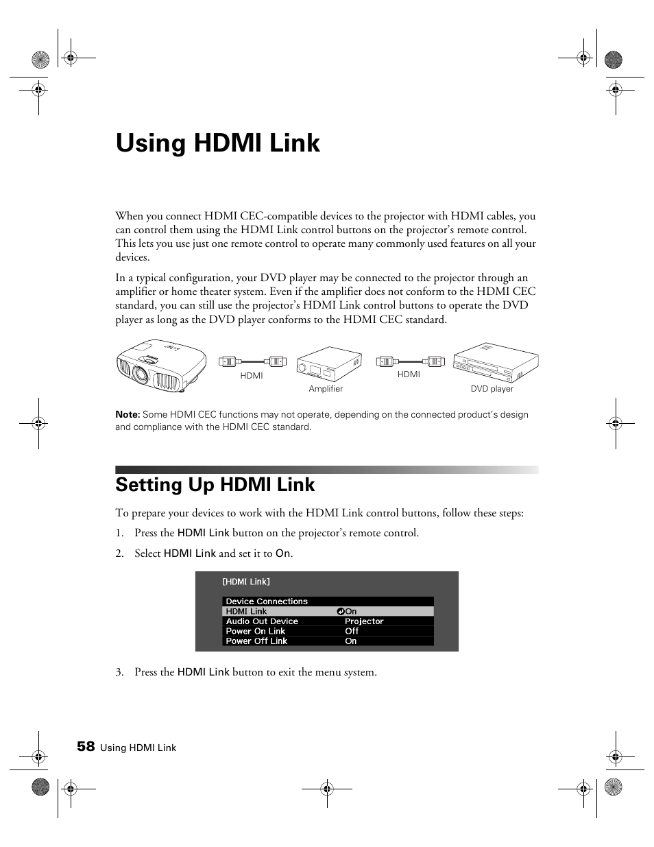 Using hdmi link, Setting up hdmi link | Epson 3010E User Manual | Page 58 / 88