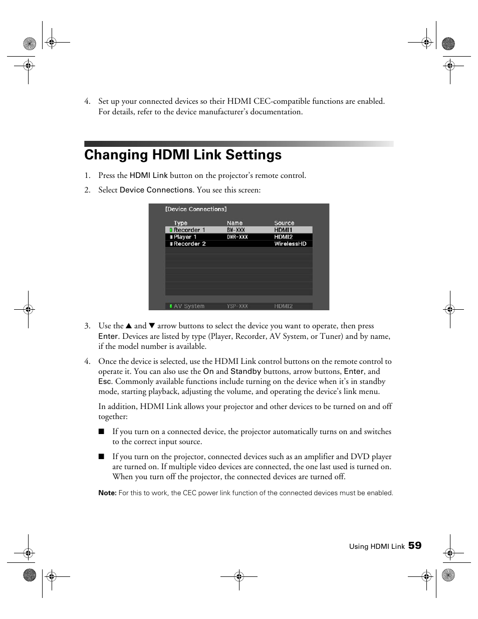 Changing hdmi link settings | Epson 3010E User Manual | Page 59 / 88