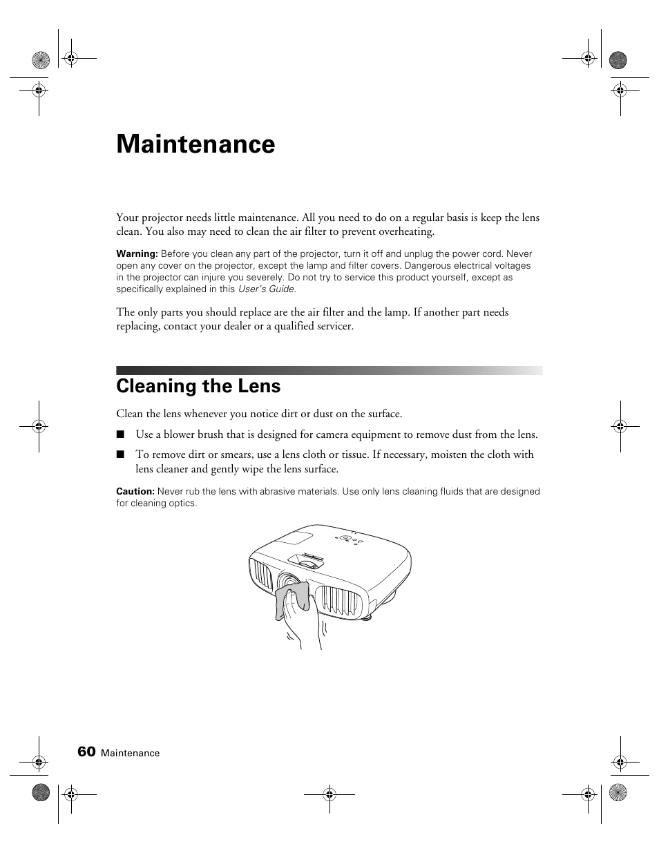 Maintenance, Cleaning the lens | Epson 3010E User Manual | Page 60 / 88