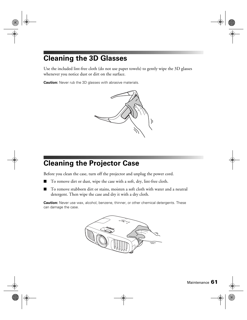 Cleaning the 3d glasses, Cleaning the projector case | Epson 3010E User Manual | Page 61 / 88