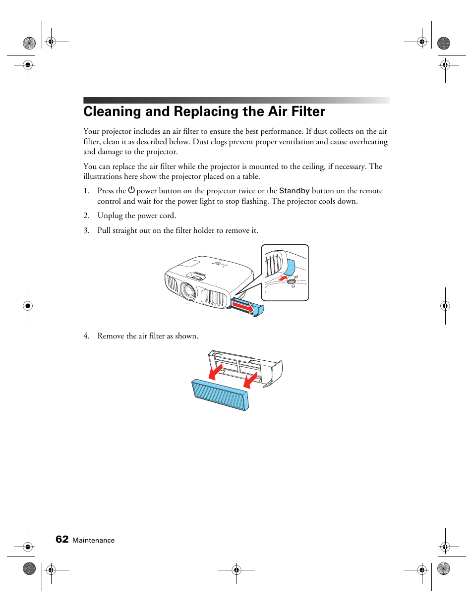 Cleaning and replacing the air filter | Epson 3010E User Manual | Page 62 / 88