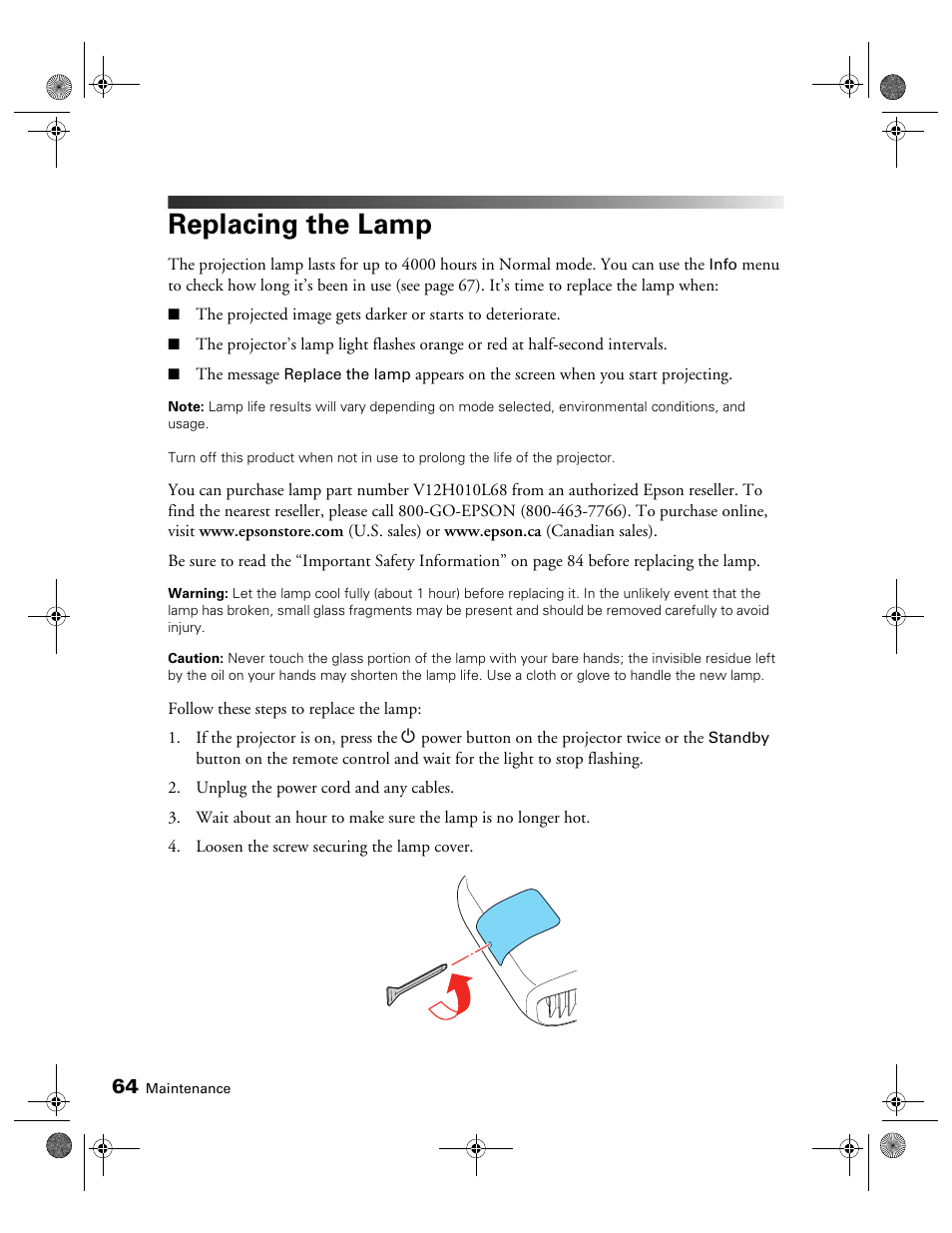 Replacing the lamp | Epson 3010E User Manual | Page 64 / 88