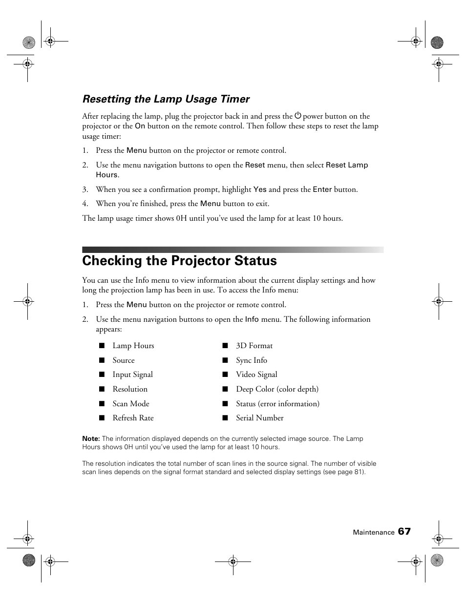 Resetting the lamp usage timer, Checking the projector status | Epson 3010E User Manual | Page 67 / 88