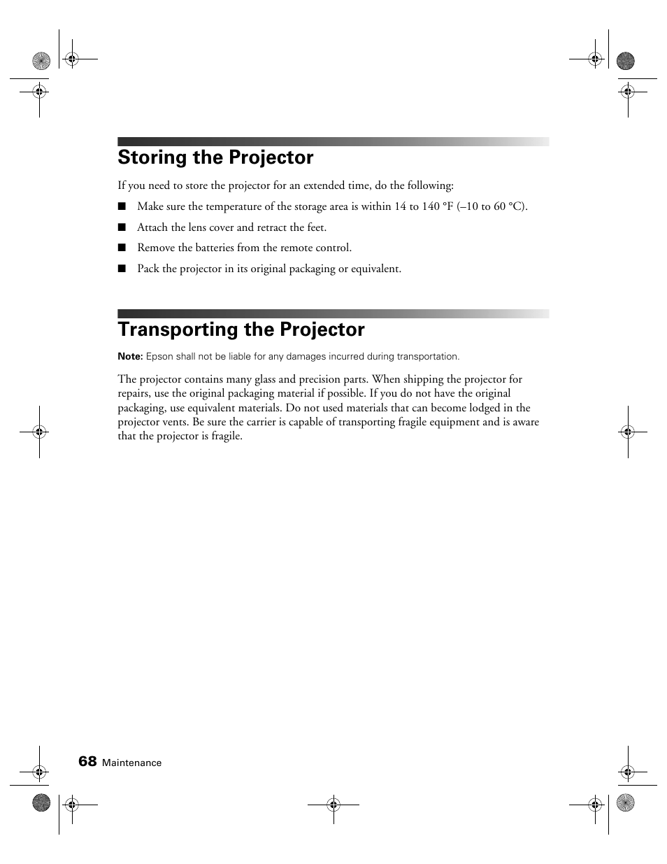 Storing the projector, Transporting the projector | Epson 3010E User Manual | Page 68 / 88