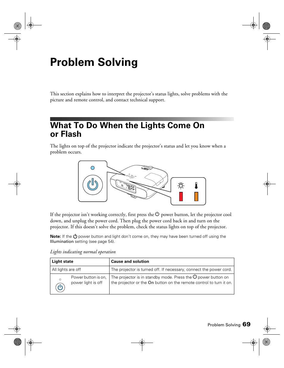 Problem solving, What to do when the lights come on or flash | Epson 3010E User Manual | Page 69 / 88