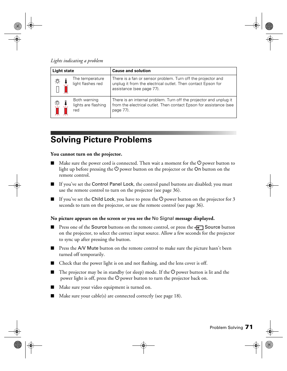 Solving picture problems | Epson 3010E User Manual | Page 71 / 88