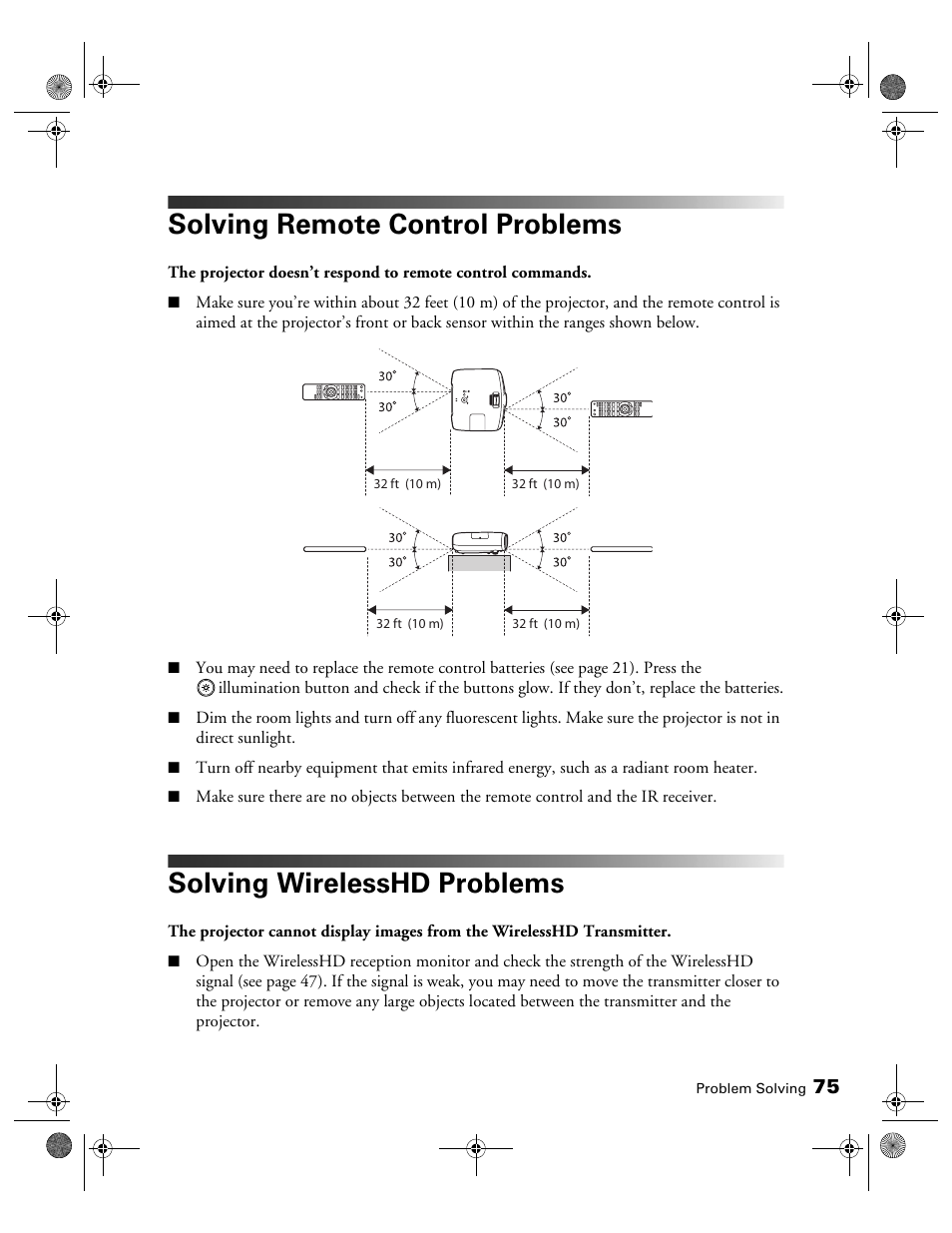 Solving remote control problems, Solving wirelesshd problems | Epson 3010E User Manual | Page 75 / 88