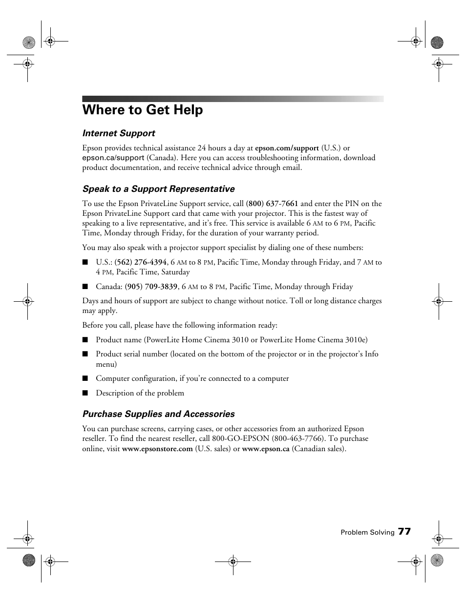 Where to get help | Epson 3010E User Manual | Page 77 / 88