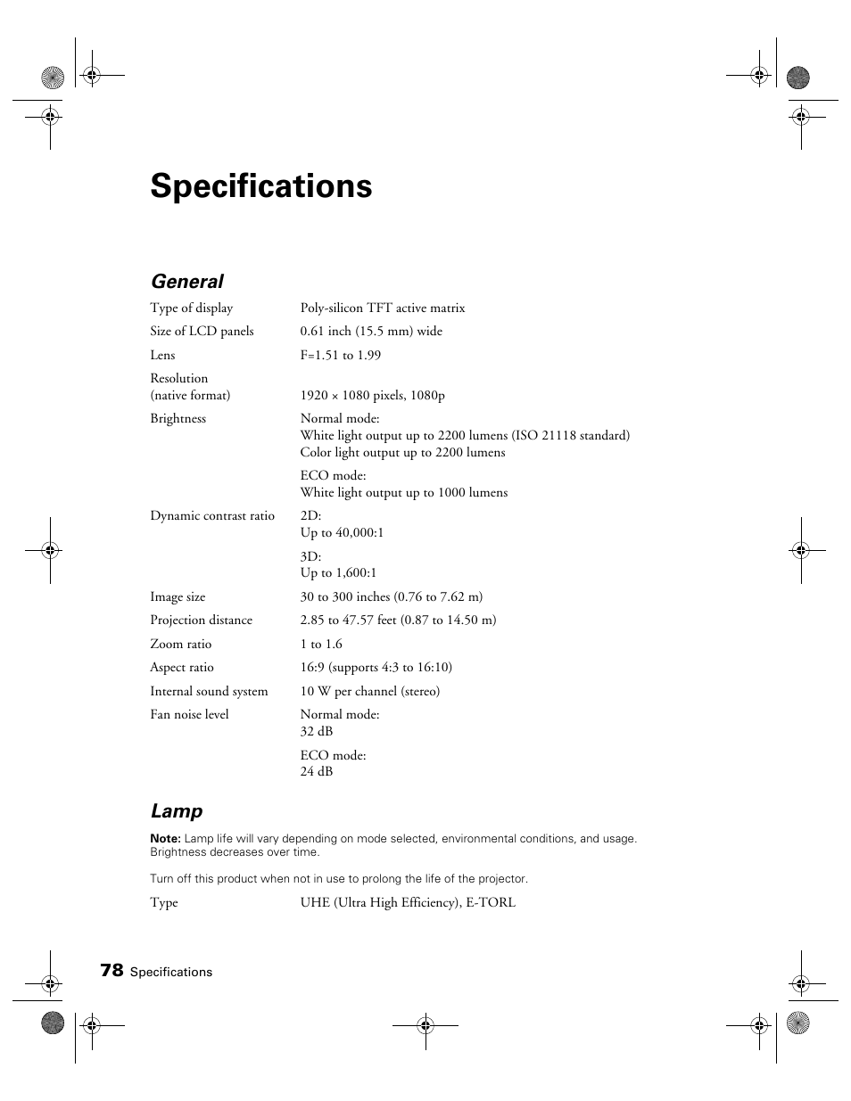 Specifications, General, Lamp | Epson 3010E User Manual | Page 78 / 88
