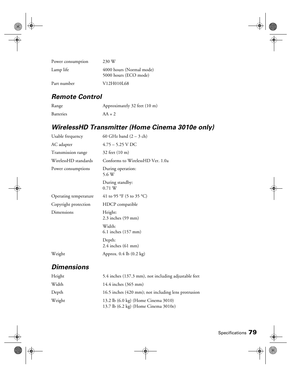 Remote control, Wirelesshd transmitter (home cinema 3010e only), Dimensions | Epson 3010E User Manual | Page 79 / 88