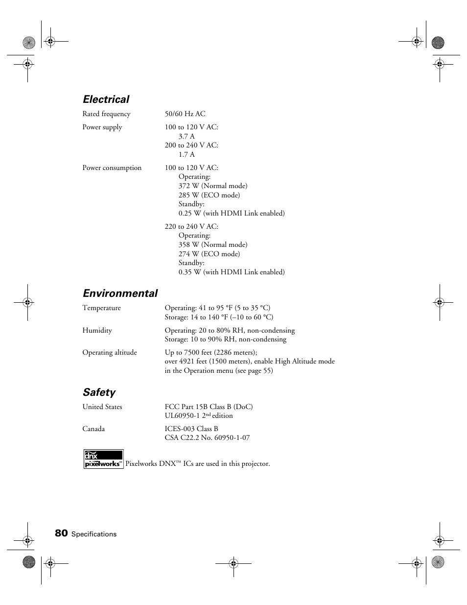 Electrical, Environmental, Safety | Epson 3010E User Manual | Page 80 / 88