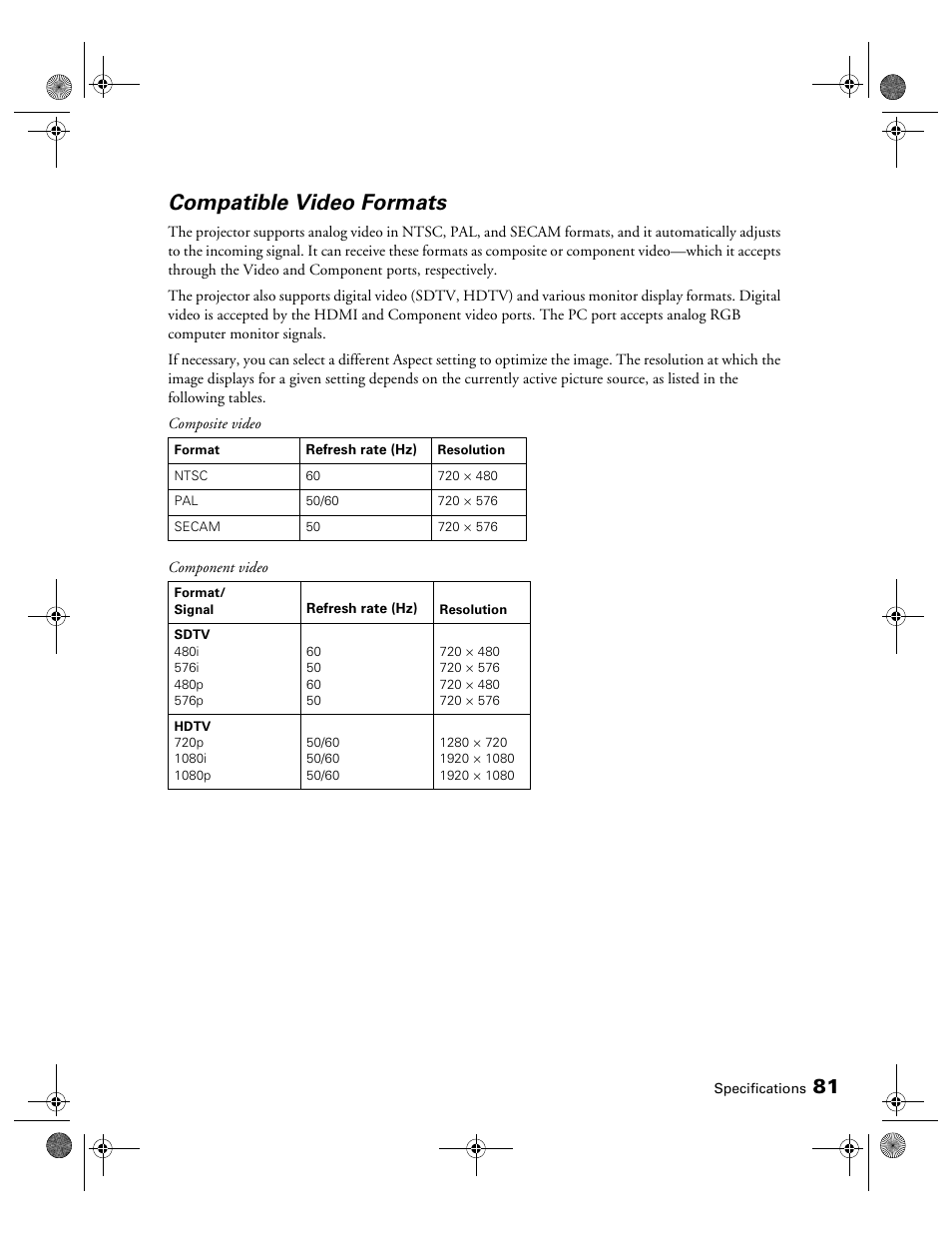 Compatible video formats | Epson 3010E User Manual | Page 81 / 88