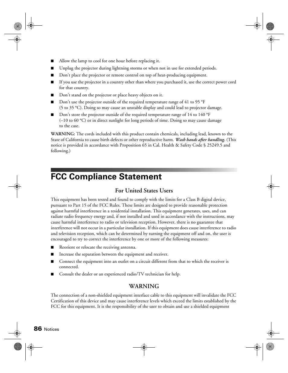 Fcc compliance statement, For united states users, Warning | Epson 3010E User Manual | Page 86 / 88