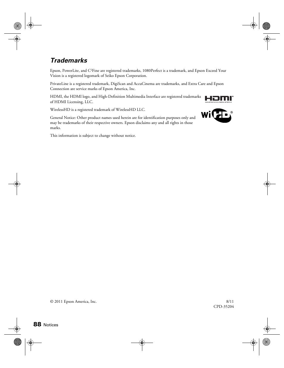 Trademarks | Epson 3010E User Manual | Page 88 / 88