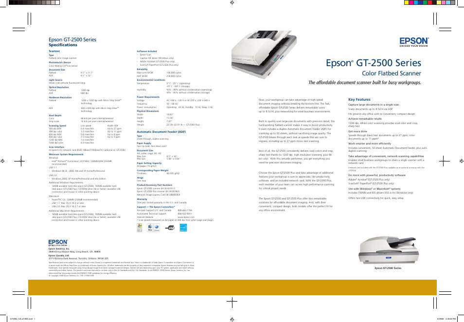 Epson, Gt-2500 series, Color flatbed scanner | Epson gt-2500 series, Specifications | Epson GT-2500 Series User Manual | Page 2 / 2