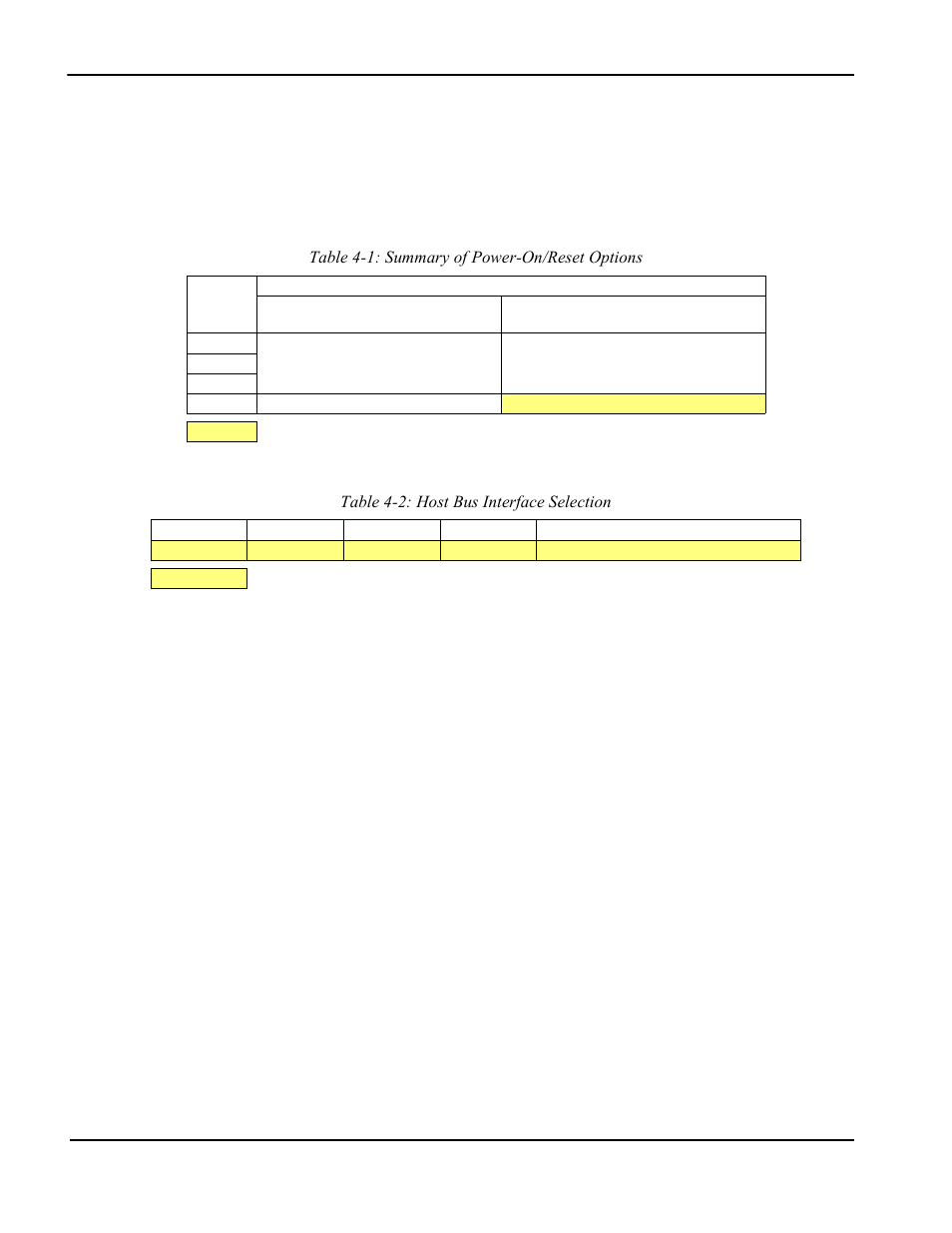 2 s1d13705 hardware configuration, Table 41: summary of power-on/reset options, Table 42: host bus interface selection | Epson S1D13705 User Manual | Page 490 / 562
