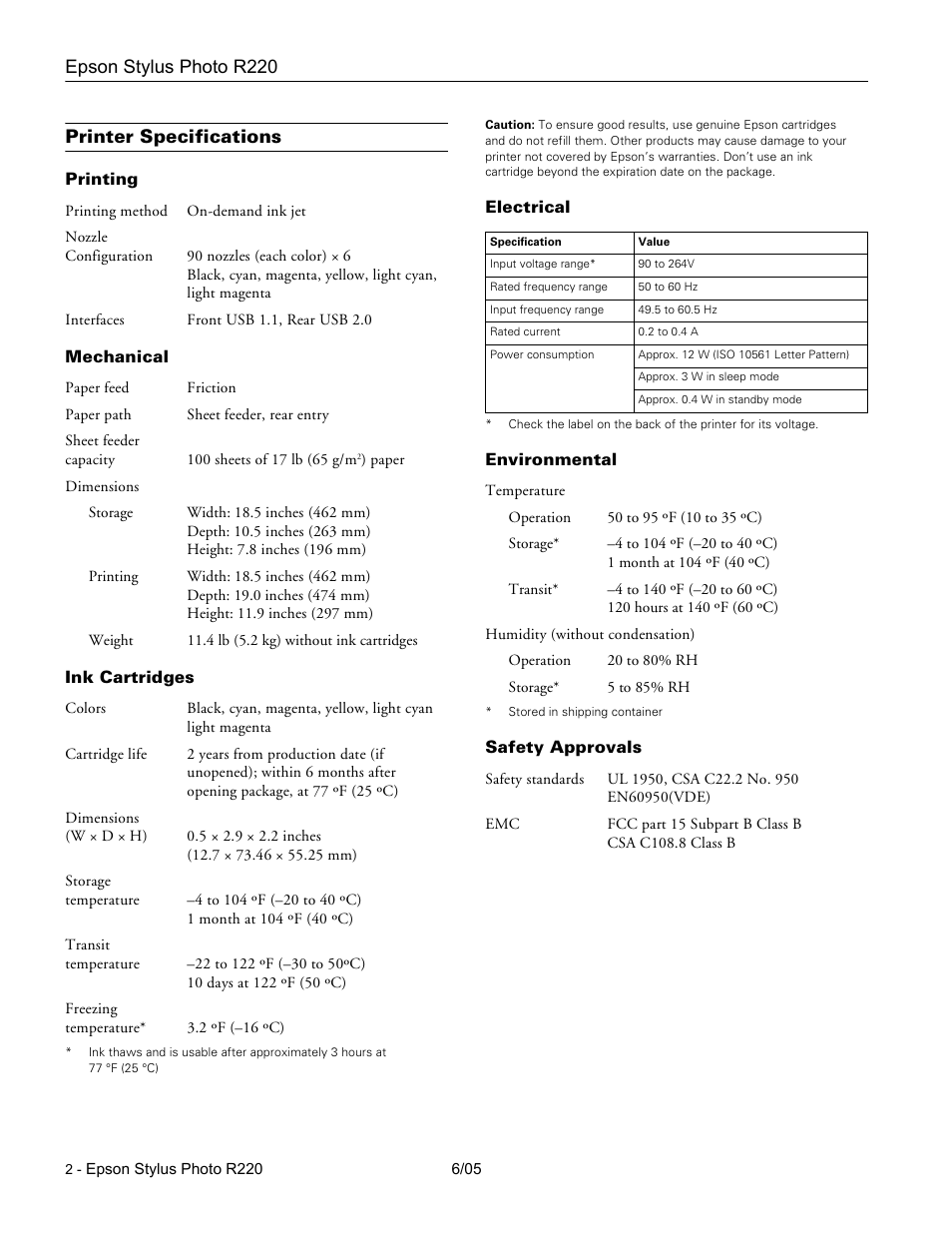 Printer specifications, Printing, Mechanical | Ink cartridges, Electrical, Environmental, Safety approvals, Epson stylus photo r220 | Epson Stylus Photo R220 User Manual | Page 2 / 10