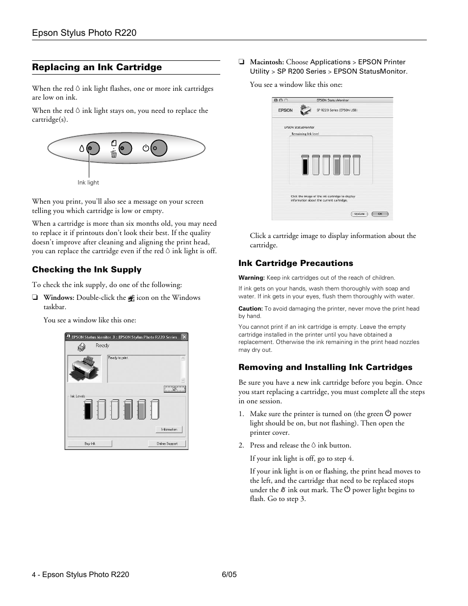 Replacing an ink cartridge, Checking the ink supply, Ink cartridge precautions | Removing and installing ink cartridges | Epson Stylus Photo R220 User Manual | Page 4 / 10