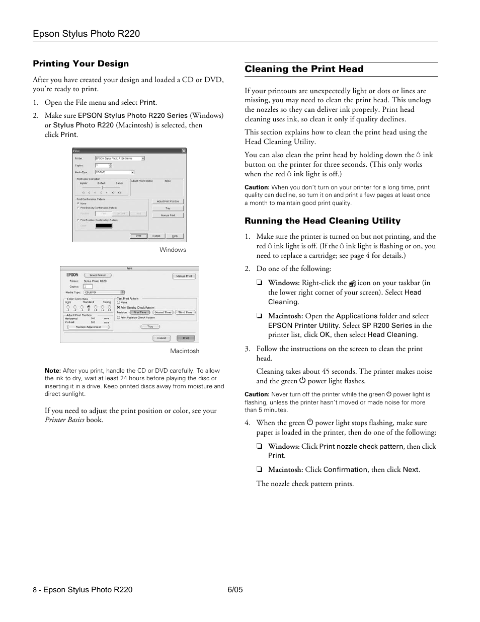 Printing your design, Cleaning the print head, Running the head cleaning utility | Printing your design” on | Epson Stylus Photo R220 User Manual | Page 8 / 10