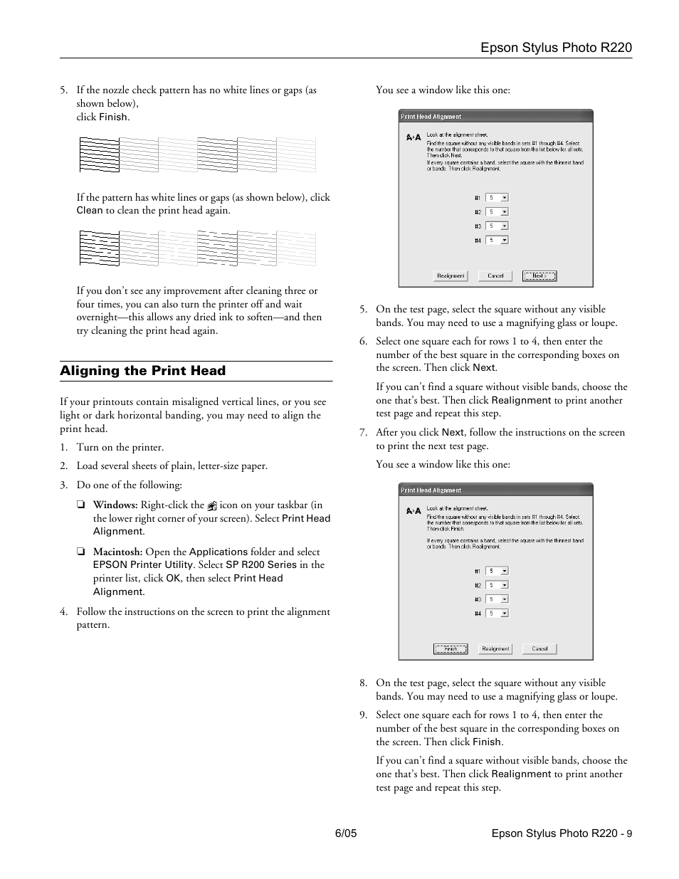 Aligning the print head | Epson Stylus Photo R220 User Manual | Page 9 / 10
