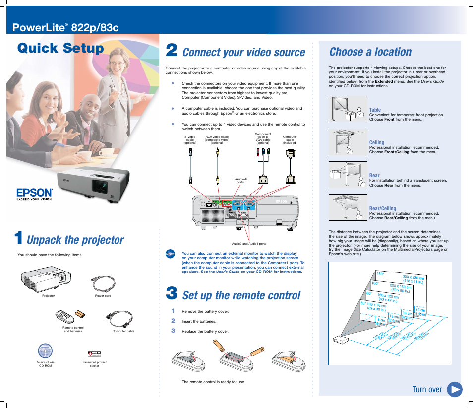 Connect your video source, Set up the remote control, Quick setup | Choose a location, Unpack the projector, Powerlite, Turn over | Epson 822p/83c User Manual | Page 2 / 6