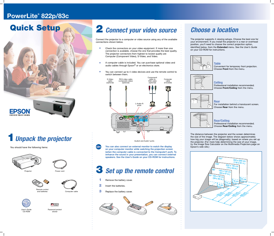 Choose a location, Quick setup, Connect your video source | Set up the remote control, Unpack the projector, Powerlite | Epson 822p/83c User Manual | Page 3 / 6