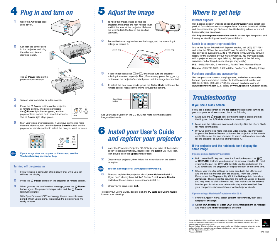 Plug in and turn on, Where to get help, Adjust the image | Troubleshooting | Epson 822p/83c User Manual | Page 4 / 6