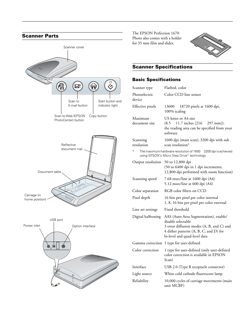 Scanner parts, Scanner specifications, Basic specifications | Epson perfection 1670 photo | Epson Perfection Photo 1670 User Manual | Page 2 / 7