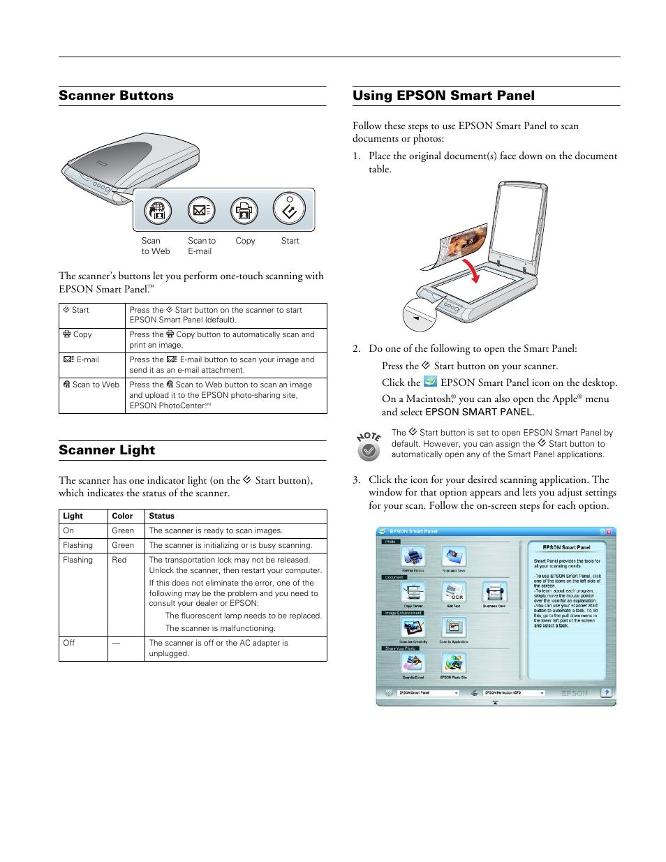 Scanner buttons, Scanner light, Using epson smart panel | Epson perfection 1670 photo | Epson Perfection Photo 1670 User Manual | Page 4 / 7