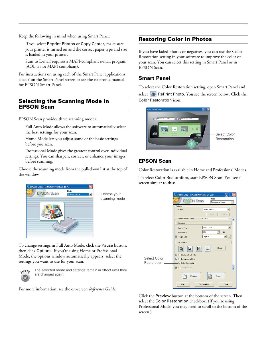 Selecting the scanning mode in epson scan, Restoring color in photos, Smart panel | Epson scan | Epson Perfection Photo 1670 User Manual | Page 5 / 7