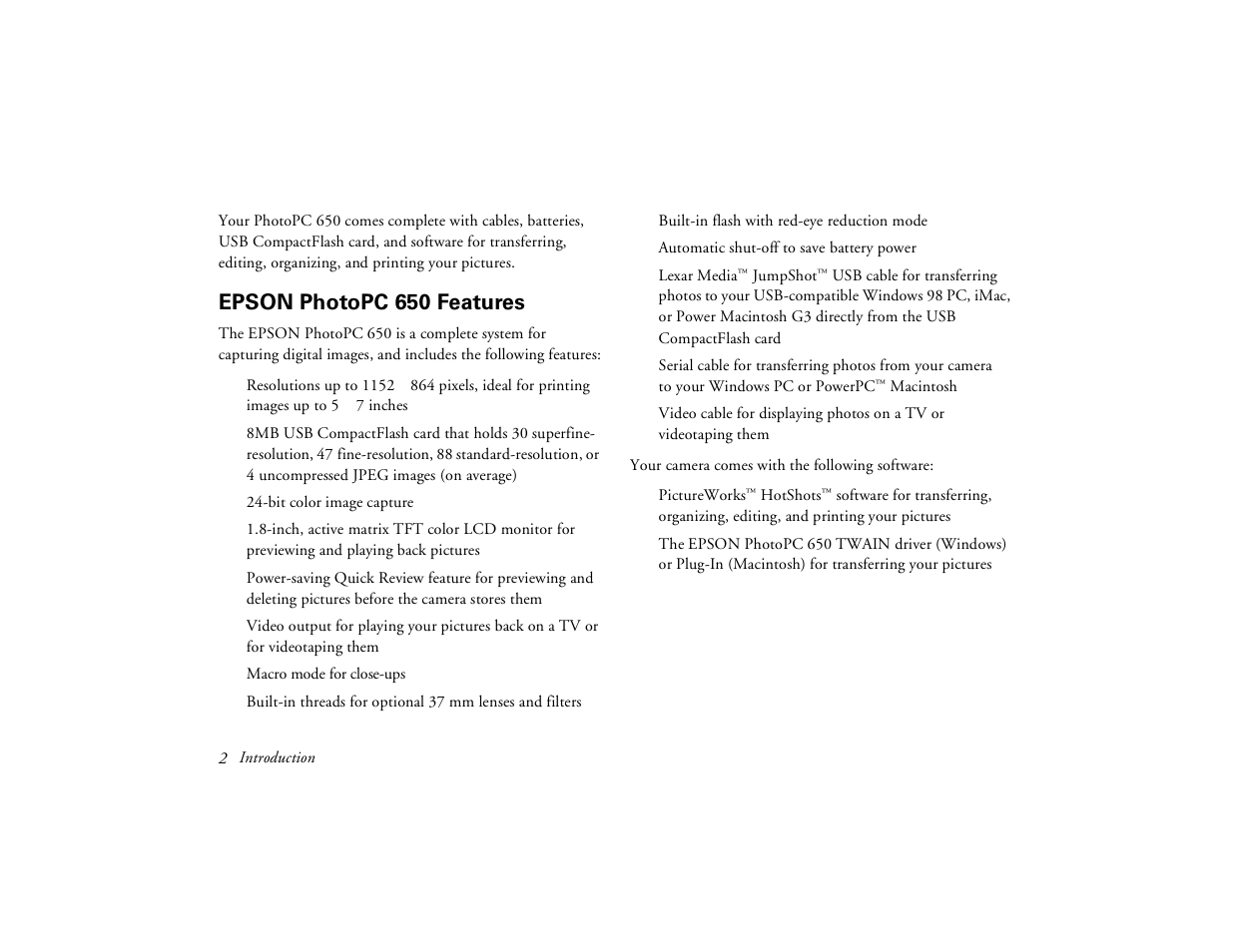 Epson photopc650 features, Epson photopc 650 features | Epson PhotoPC 650 User Manual | Page 10 / 158