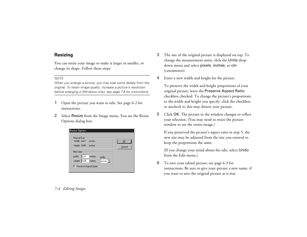 Resizing, Resizing 7-4 | Epson PhotoPC 650 User Manual | Page 104 / 158
