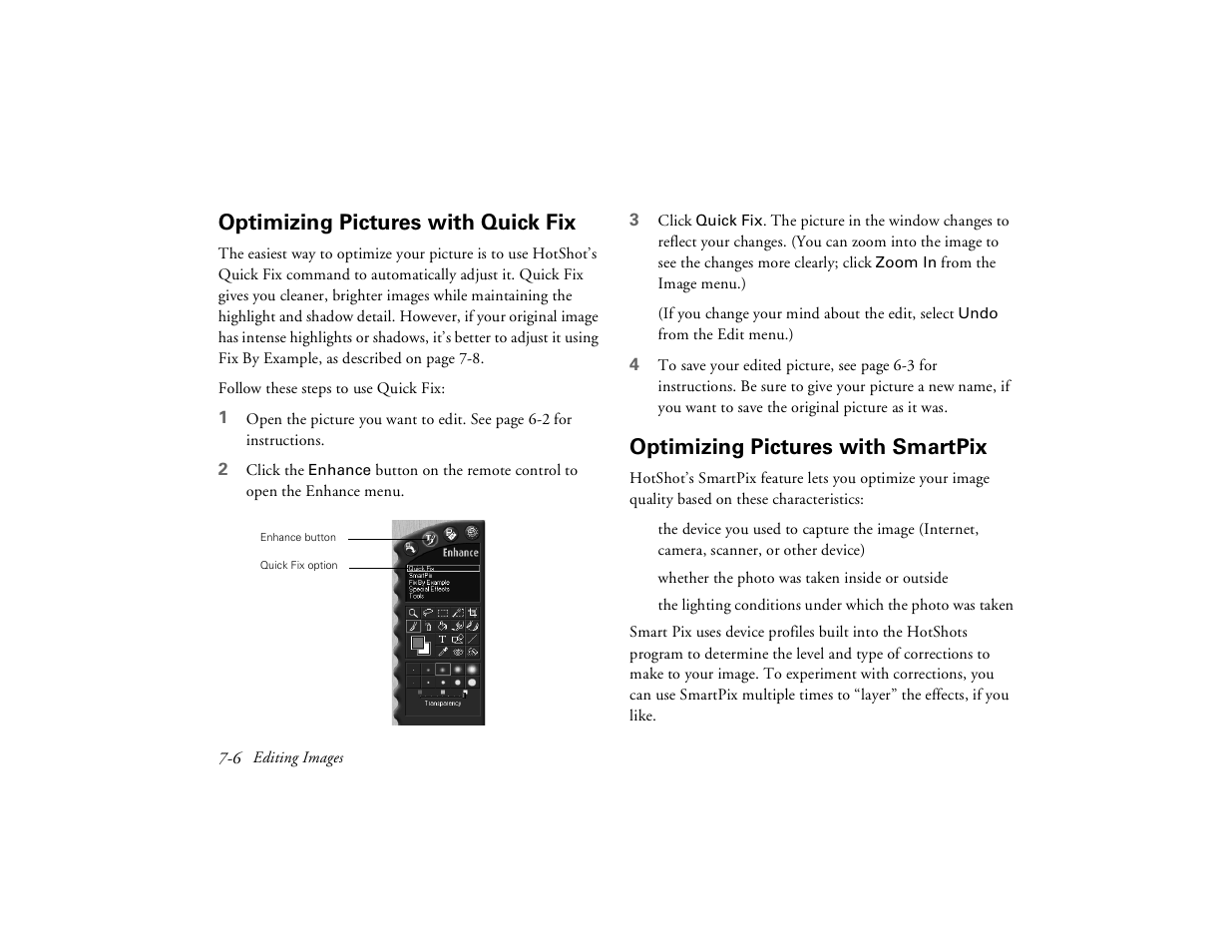 Optimizing pictures with quick fix, Optimizing pictures with smartpix | Epson PhotoPC 650 User Manual | Page 106 / 158