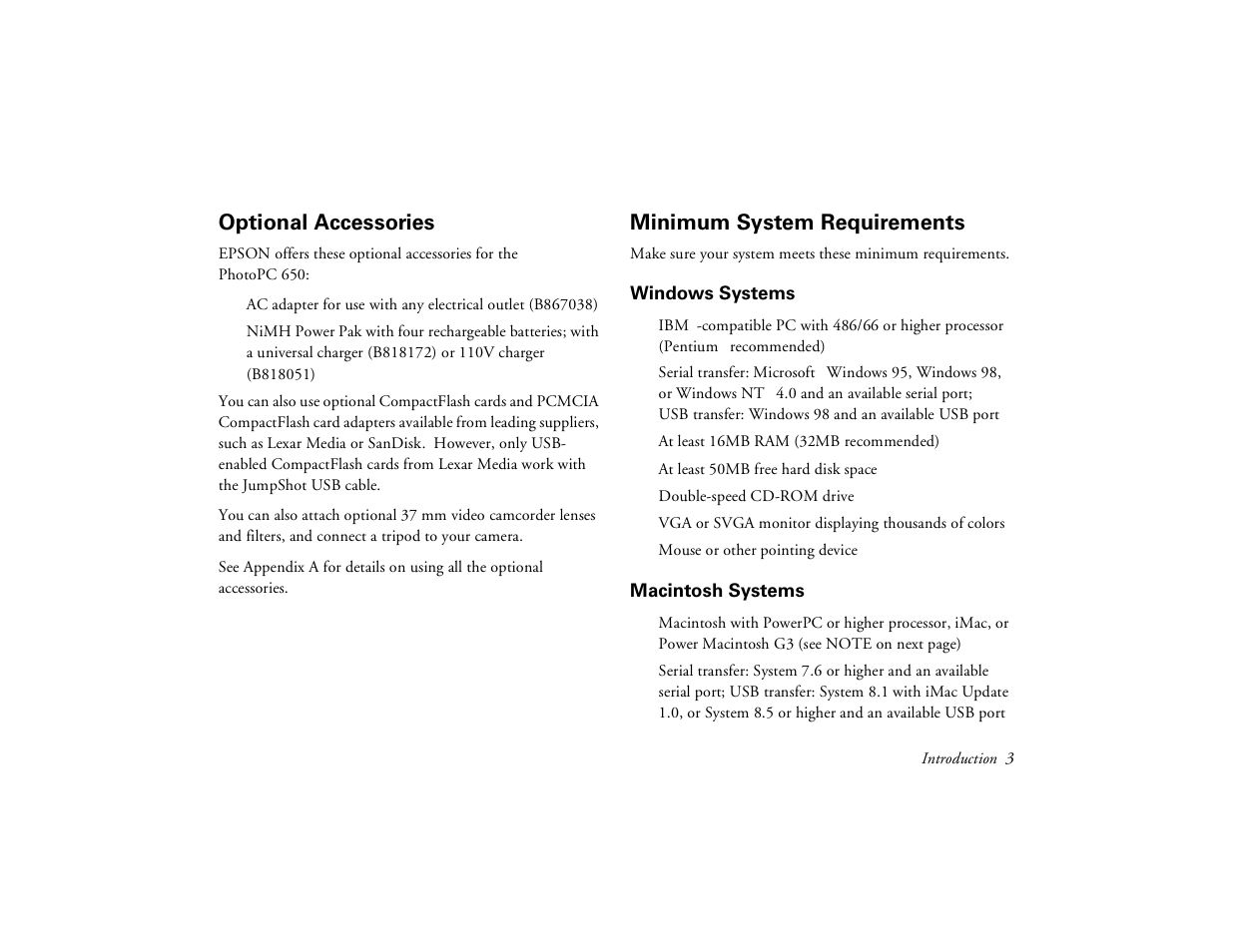 Optional accessories, Minimum system requirements, Windows systems | Macintosh systems | Epson PhotoPC 650 User Manual | Page 11 / 158