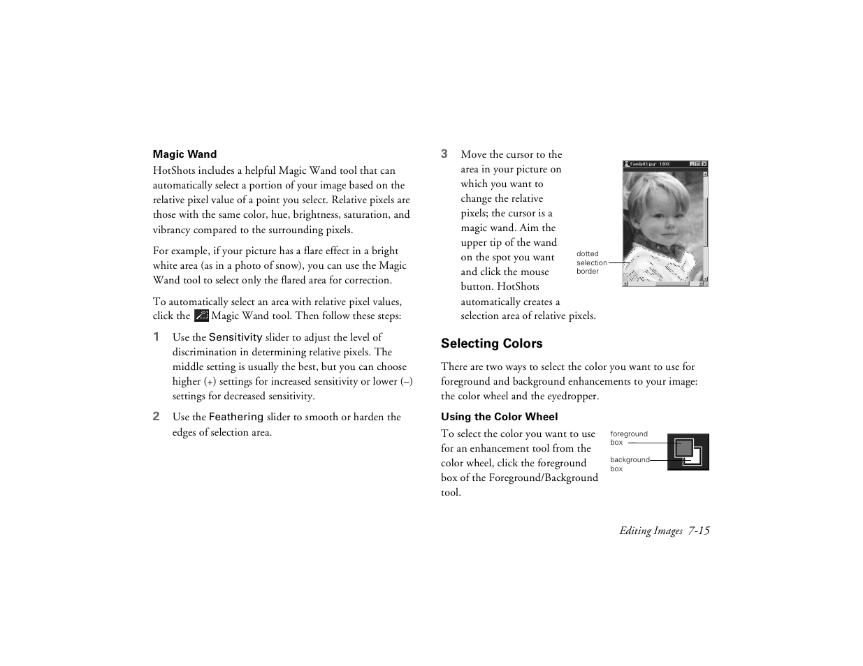 Selecting colors, Selecting, Colors 7-15 | Epson PhotoPC 650 User Manual | Page 115 / 158