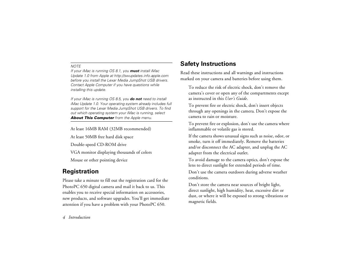 Registration, Safety instructions, Registration 4 safety instructions | Epson PhotoPC 650 User Manual | Page 12 / 158