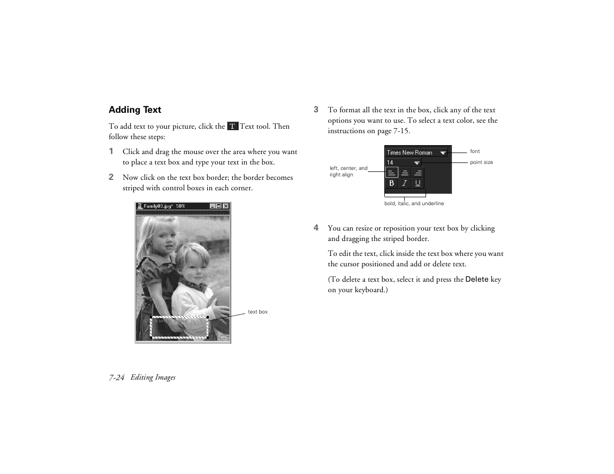 Adding text | Epson PhotoPC 650 User Manual | Page 124 / 158