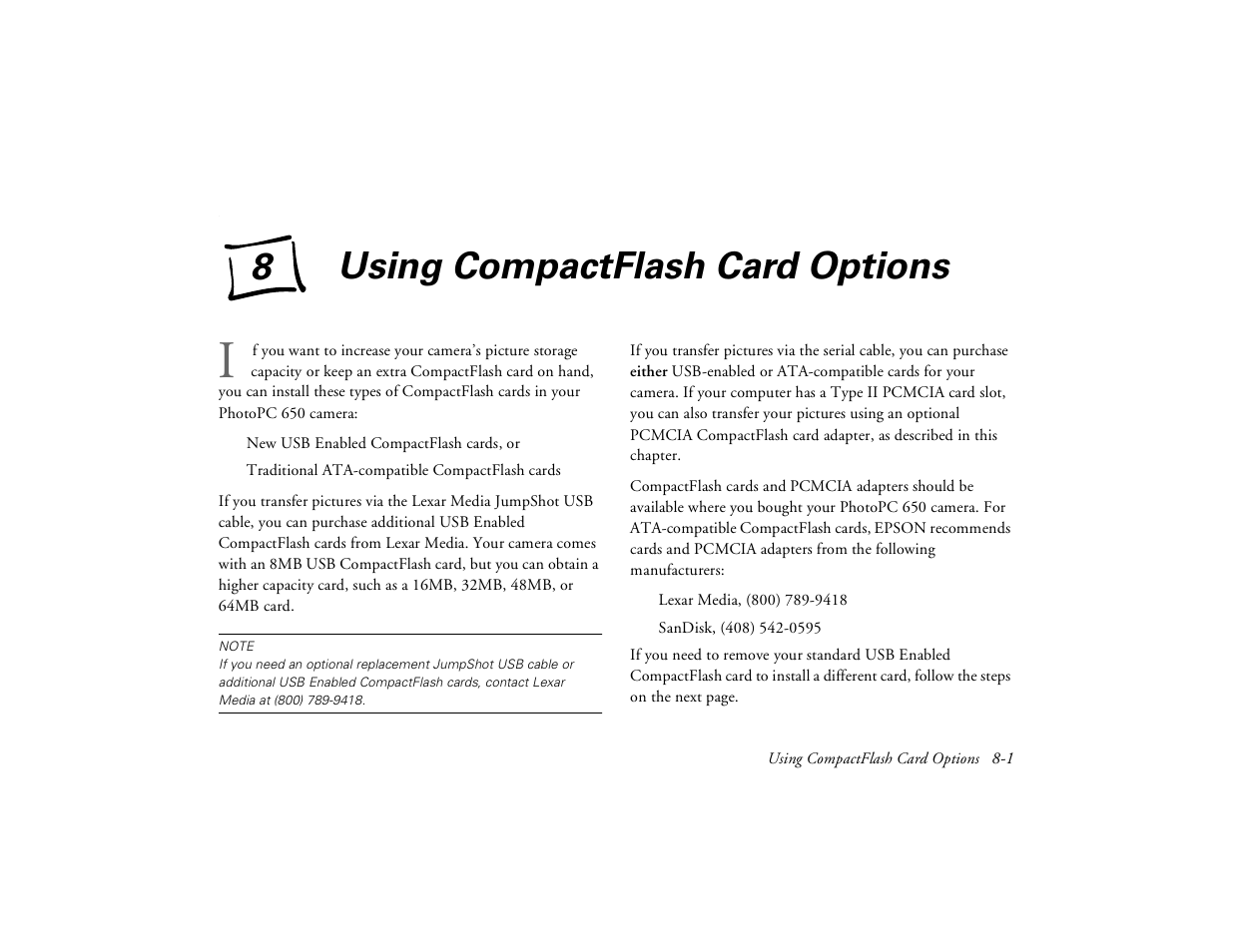 Chap 8-using compactflash card options, Using compactflash card options, D chapter 8 f | Epson PhotoPC 650 User Manual | Page 125 / 158