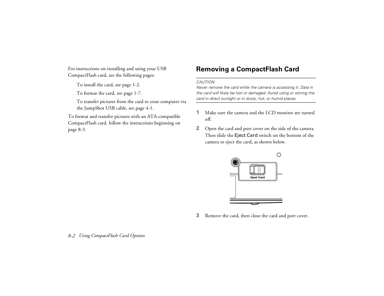 Removing a compactflash card | Epson PhotoPC 650 User Manual | Page 126 / 158